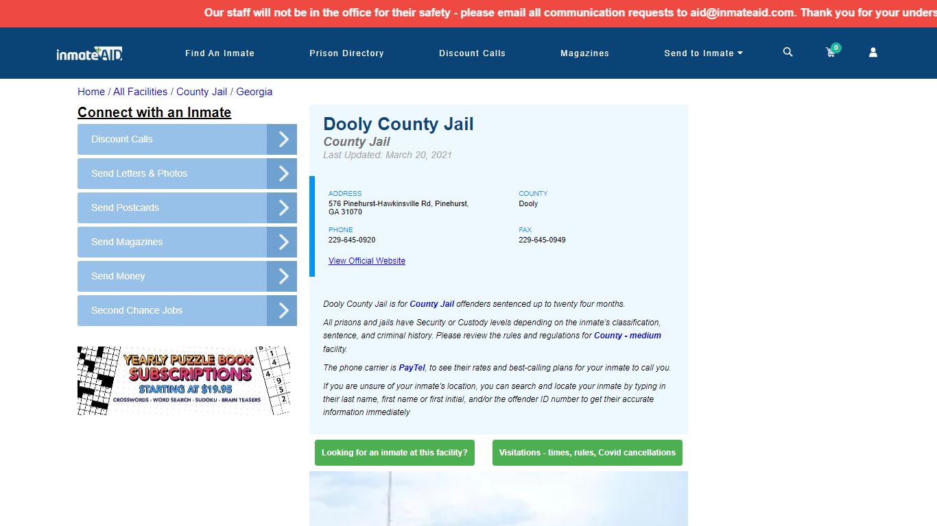 Dooly County Jail - Inmate Locator - Pinehurst, GA